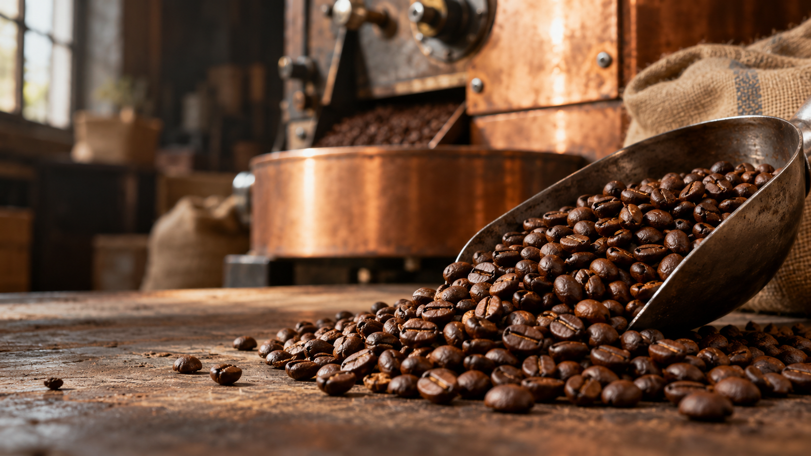 Roasted coffee beans and authentic coffee-processing equipment